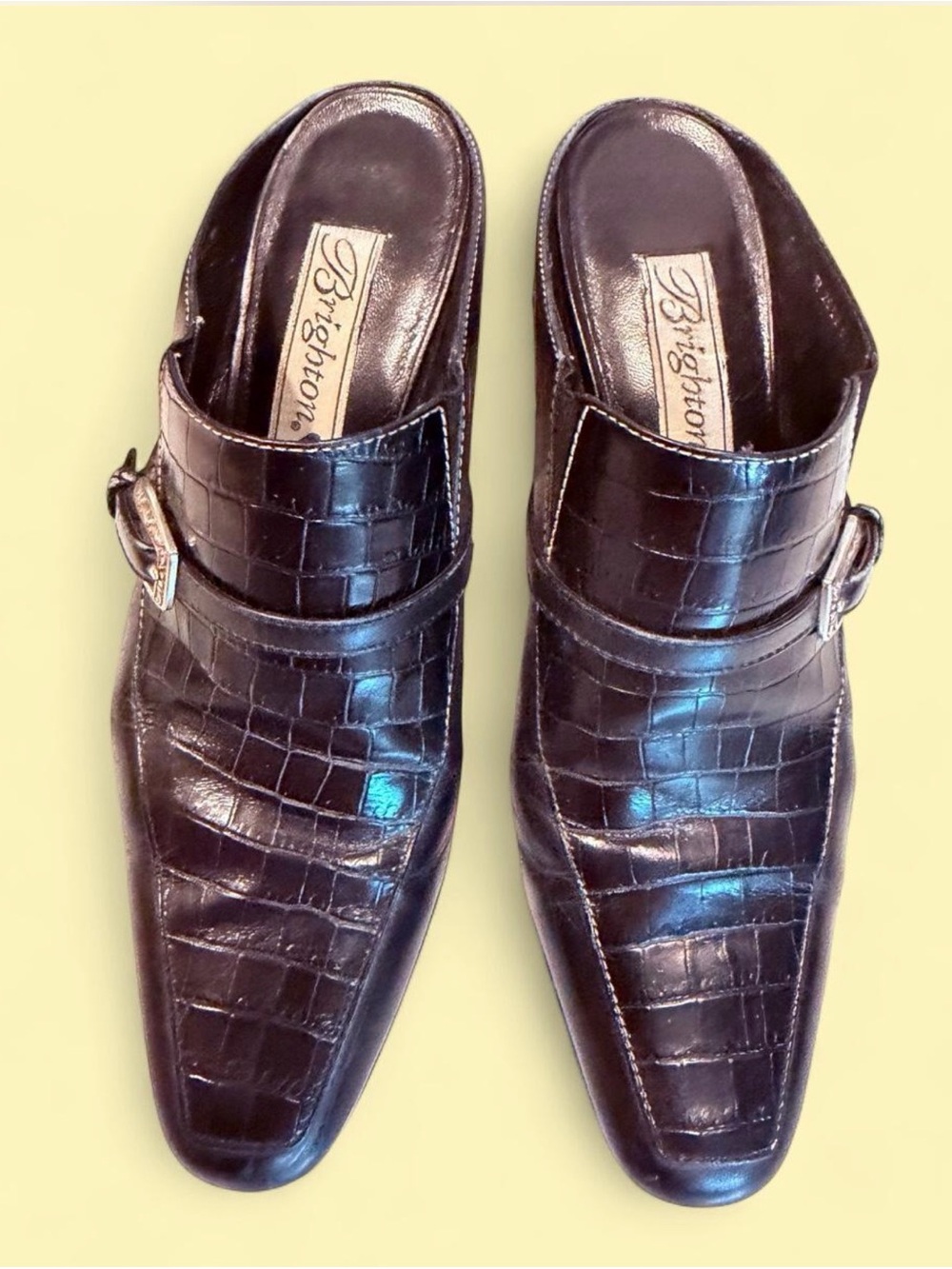 Brighton Black Croc-Embossed Leather Mule with Buckle